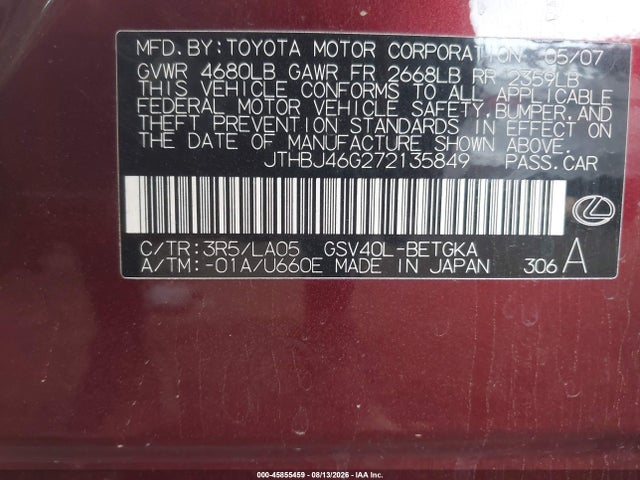 45855459 :رقم المزاد ، JTHBJ46G272135849 vin ، 2007 Lexus Es 350 مزاد بيع