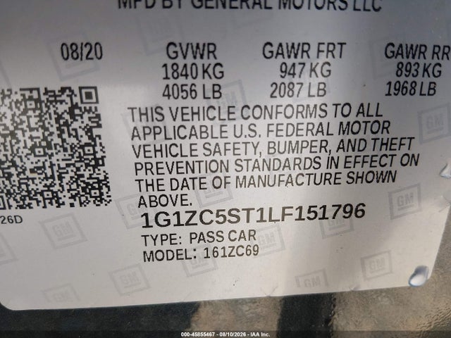 45855467 :رقم المزاد ، 1G1ZC5ST1LF151796 vin ، 2020 Chevrolet Malibu Fwd 1fl مزاد بيع
