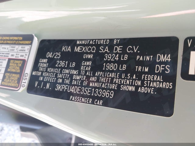 Aukcja sprzedaży 2025 Kia K4 Ex, vin: 3KPFU4DE3SE133969, numer aukcji: 45855486