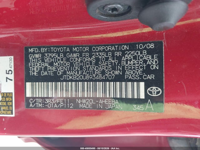Продаж на аукціоні авто 2009 Toyota Prius, vin: JTDKB20U893484707, номер лоту: 45855495