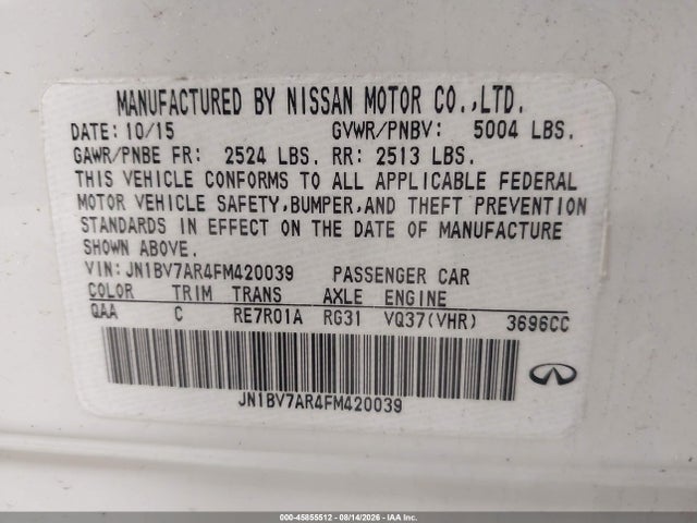 Aukcja sprzedaży 2015 Infiniti Q50 Premium, vin: JN1BV7AR4FM420039, numer aukcji: 45855512