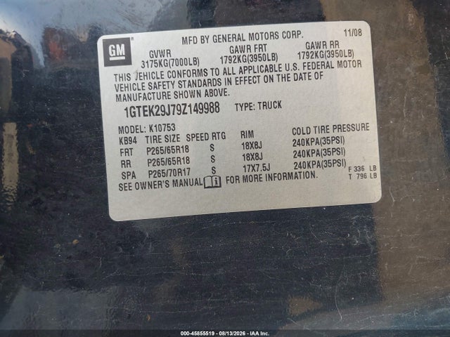 2009 Gmc Sierra 1500 Sle მანქანა იყიდება აუქციონზე, vin: 1GTEK29J79Z149988, აუქციონის ნომერი: 45855519