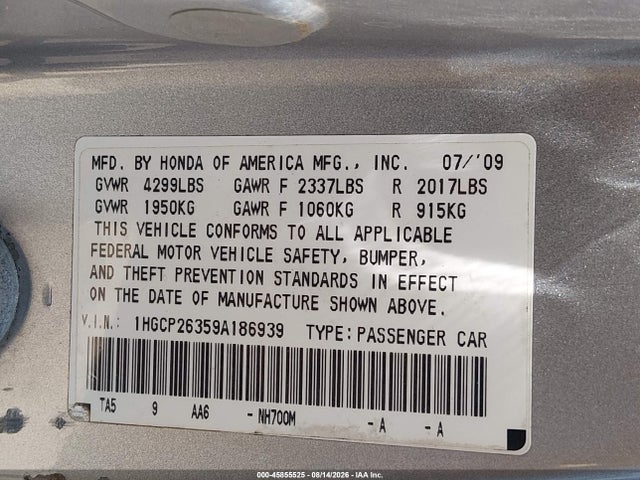 45855525 :رقم المزاد ، 1HGCP26359A186939 vin ، 2009 Honda Accord 2.4 Lx مزاد بيع