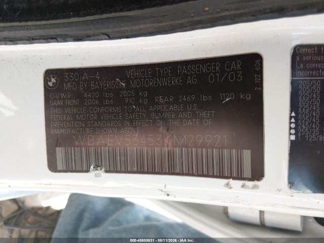 2003 Bmw 330i მანქანა იყიდება აუქციონზე, vin: WBAEV53453KM29921, აუქციონის ნომერი: 45855531