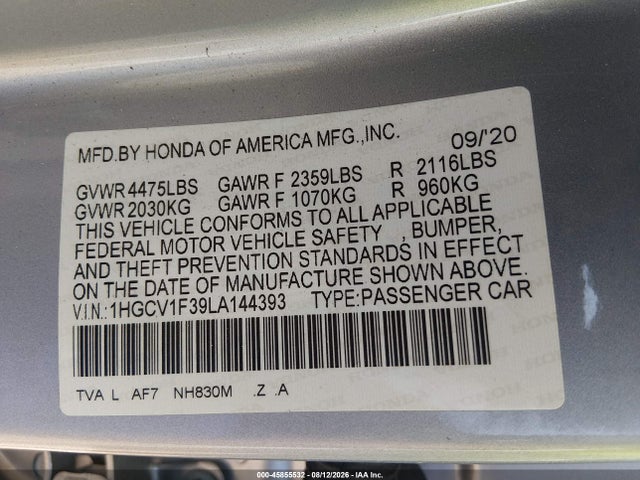 45855532 :رقم المزاد ، 1HGCV1F39LA144393 vin ، 2020 Honda Accord Sport مزاد بيع