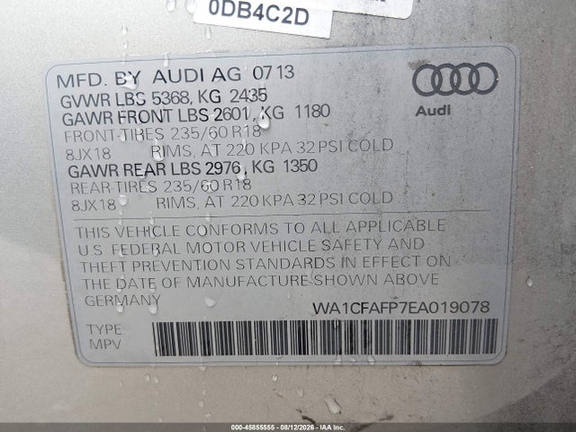 2014 Audi Q5 2.0t Premium მანქანა იყიდება აუქციონზე, vin: WA1CFAFP7EA019078, აუქციონის ნომერი: 45855555