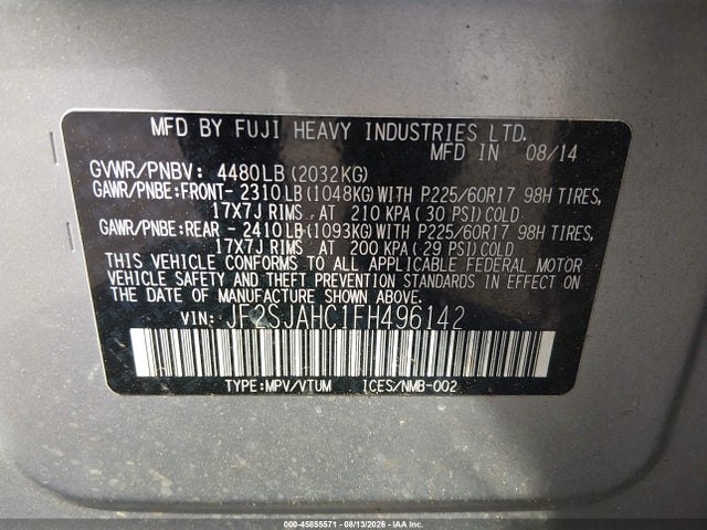 2015 Subaru Forester 2.5i Limited მანქანა იყიდება აუქციონზე, vin: JF2SJAHC1FH496142, აუქციონის ნომერი: 45855571