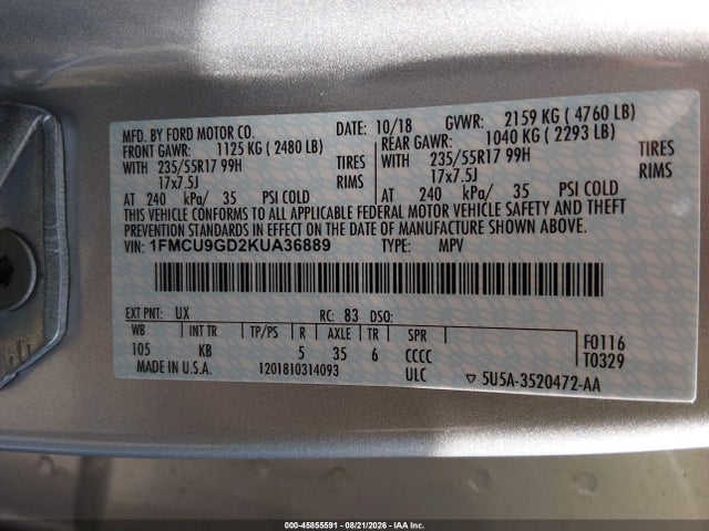 Продажа на аукционе авто 2019 Ford Escape Se, vin: 1FMCU9GD2KUA36889, номер лота: 45855591