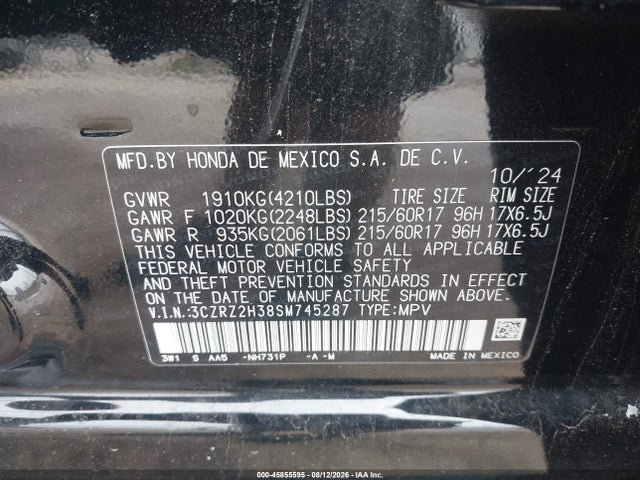 45855595 :رقم المزاد ، 3CZRZ2H38SM745287 vin ، 2025 Honda Hr-v Awd Lx مزاد بيع