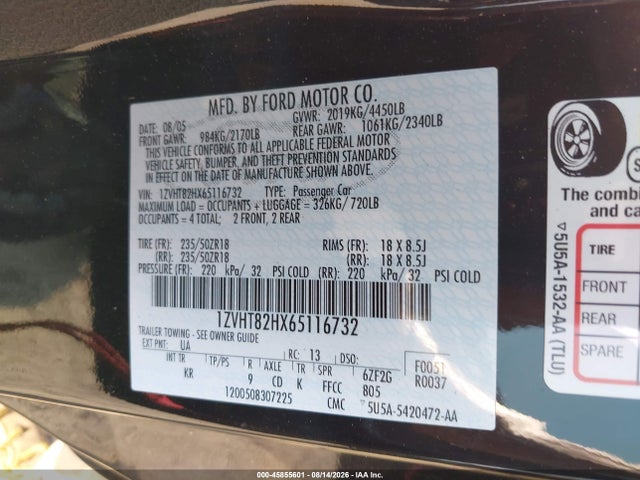 45855601 :رقم المزاد ، 1ZVHT82HX65116732 vin ، 2006 Ford Mustang Gt مزاد بيع