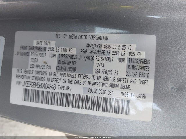 45855604 :رقم المزاد ، JM3ER2BM5B0404848 vin ، 2011 Mazda Cx-7 I Sport مزاد بيع