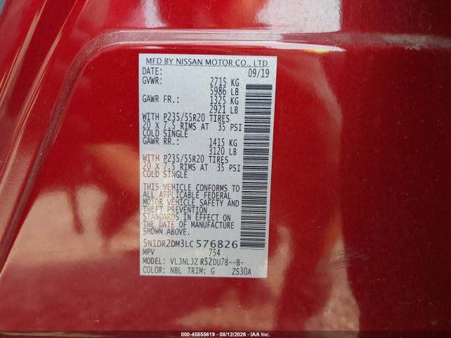 45855619 :رقم المزاد ، 5N1DR2DM3LC576826 vin ، 2020 Nissan Pathfinder Platinum 4wd مزاد بيع