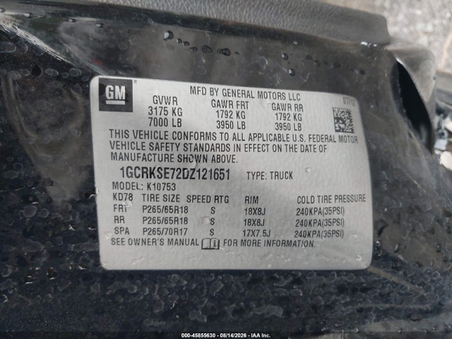 45855630 :رقم المزاد ، 1GCRKSE72DZ121651 vin ، 2013 Chevrolet Silverado 1500 Lt مزاد بيع