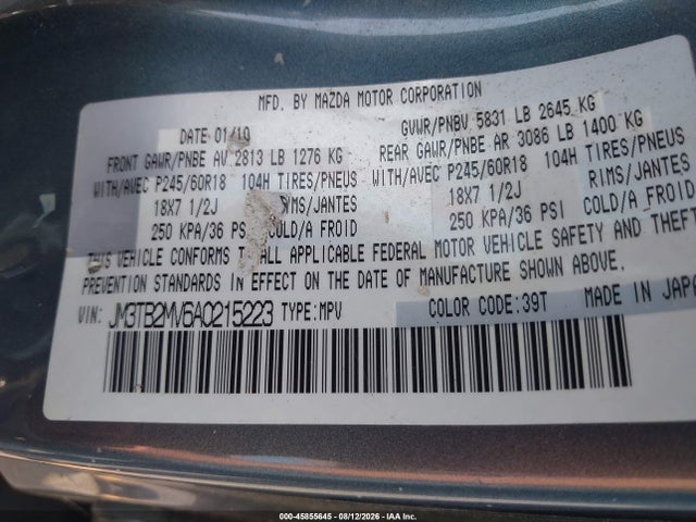 Продажа на аукционе авто 2010 Mazda Cx-9 Touring, vin: JM3TB2MV6A0215223, номер лота: 45855645