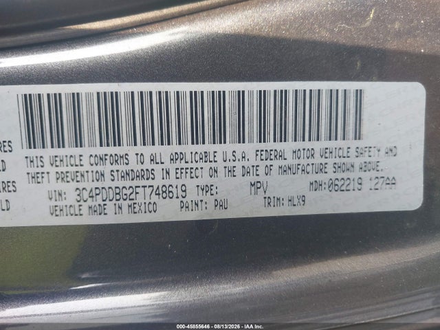 2015 Dodge Journey Sxt მანქანა იყიდება აუქციონზე, vin: 3C4PDDBG2FT748619, აუქციონის ნომერი: 45855646