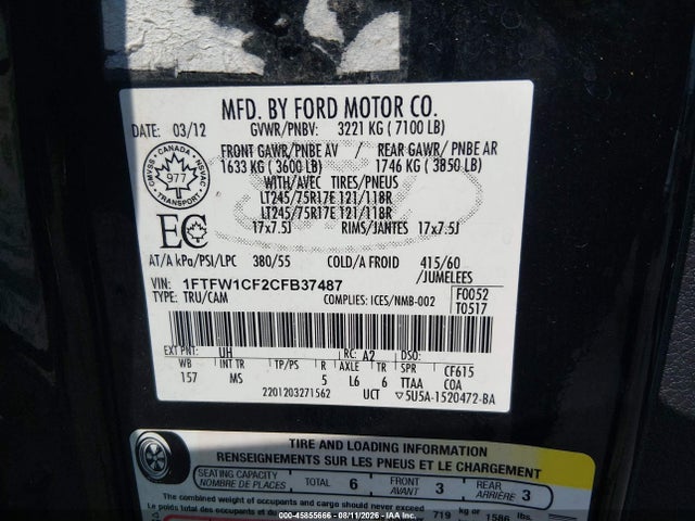 Aukcja sprzedaży 2012 Ford F-150 Xlt, vin: 1FTFW1CF2CFB37487, numer aukcji: 45855666