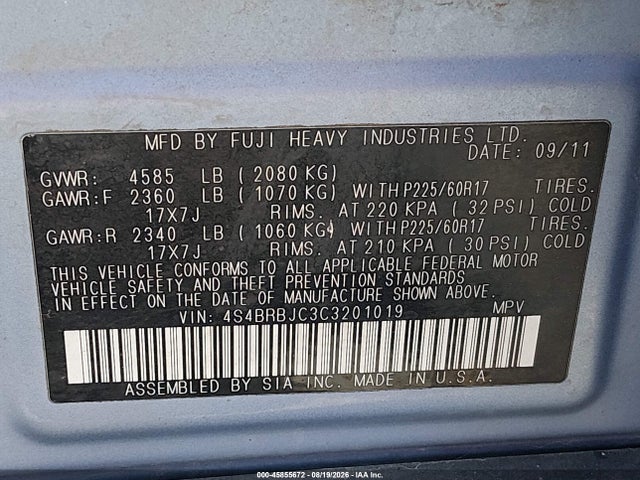 Продаж на аукціоні авто 2012 Subaru Outback 2.5i Limited, vin: 4S4BRBJC3C3201019, номер лоту: 45855672