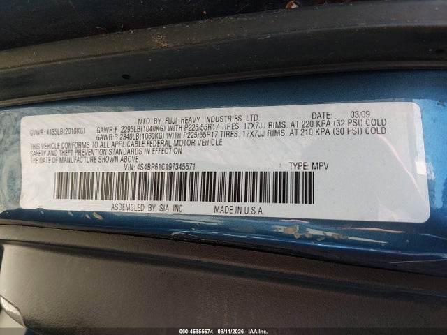 45855674 :رقم المزاد ، 4S4BP61C197345571 vin ، 2009 Subaru Outback 2.5i مزاد بيع