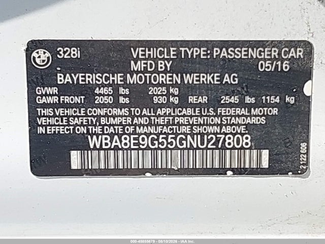 Aukcja sprzedaży 2016 Bmw 328i, vin: WBA8E9G55GNU27808, numer aukcji: 45855679