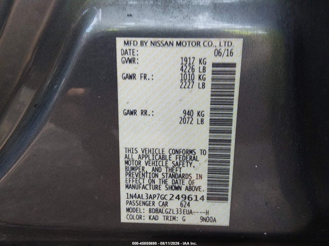 2016 Nissan Altima 2.5 S მანქანა იყიდება აუქციონზე, vin: 1N4AL3AP7GC249614, აუქციონის ნომერი: 45855698