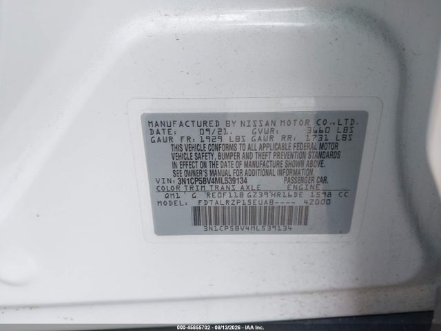 Aukcja sprzedaży 2021 Nissan Kicks S Xtronic Cvt, vin: 3N1CP5BV4ML539134, numer aukcji: 45855702