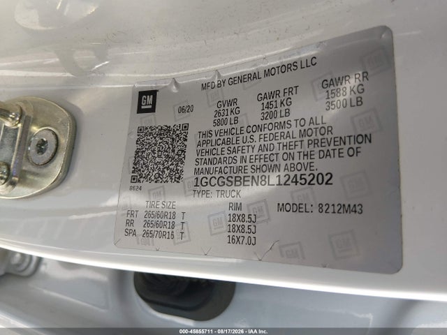 45855711 :رقم المزاد ، 1GCGSBEN8L1245202 vin ، 2020 Chevrolet Colorado 2wd  Short Box Wt مزاد بيع