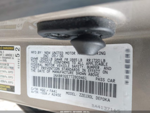 45855713 :رقم المزاد ، 1NXBR32E77Z803461 vin ، 2007 Toyota Corolla Ce مزاد بيع