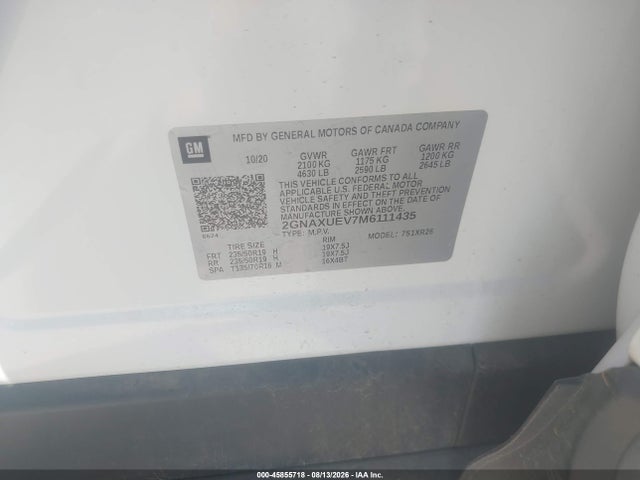 Aukcja sprzedaży 2021 Chevrolet Equinox Lt, vin: 2GNAXUEV7M6111435, numer aukcji: 45855718