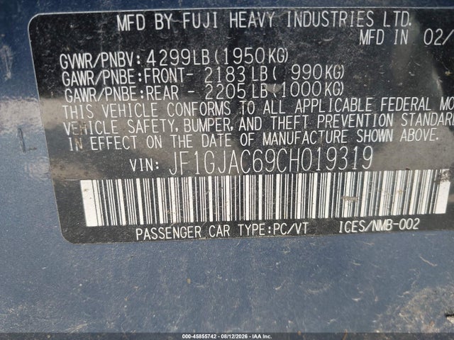 2012 Subaru Impreza 2.0i Premium მანქანა იყიდება აუქციონზე, vin: JF1GJAC69CH019319, აუქციონის ნომერი: 45855742