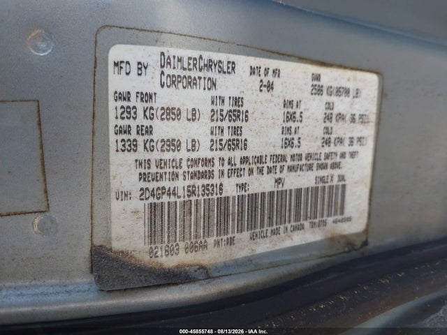 2005 Dodge Grand Caravan Sxt მანქანა იყიდება აუქციონზე, vin: 2D4GP44L15R135316, აუქციონის ნომერი: 45855748