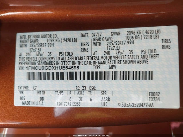 1FMCU0GDXHUE64598 Ford ESCAPE SE