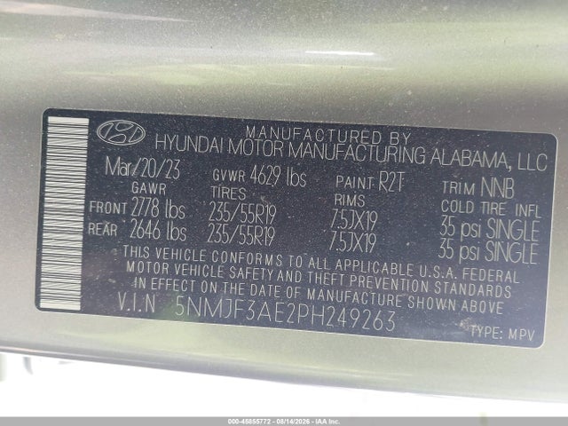45855772 :رقم المزاد ، 5NMJF3AE2PH249263 vin ، 2023 Hyundai Tucson Sel مزاد بيع