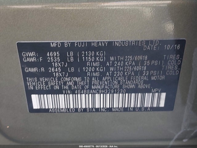 45855776 :رقم المزاد ، 4S4BSANC9H3291230 vin ، 2017 Subaru Outback 2.5i Limited مزاد بيع