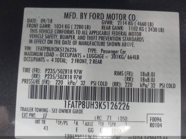 1FATP8UH3K5126226 Ford Mustang Ecoboost Premium