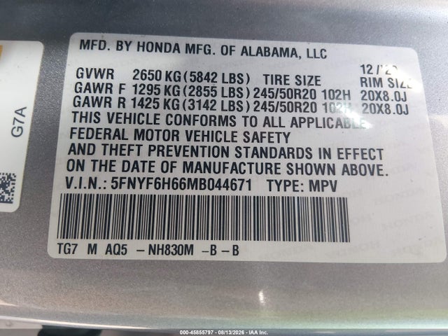 45855797 :رقم المزاد ، 5FNYF6H66MB044671 vin ، 2021 Honda Pilot Awd Touring 7 Passenger مزاد بيع