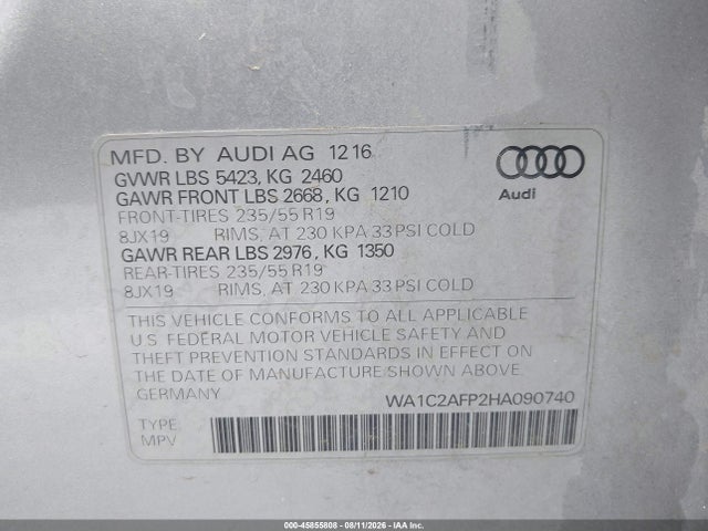45855808 :رقم المزاد ، WA1C2AFP2HA090740 vin ، 2017 Audi Q5 2.0t Premium مزاد بيع
