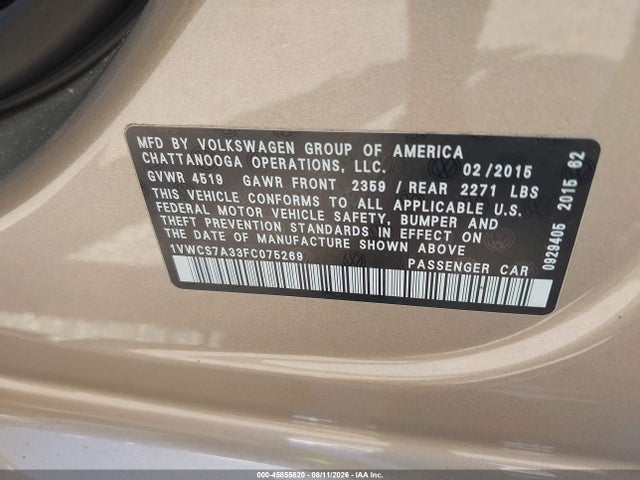 Продаж на аукціоні авто 2015 Volkswagen Passat 1.8t Sel Premium, vin: 1VWCS7A33FC075269, номер лоту: 45855820
