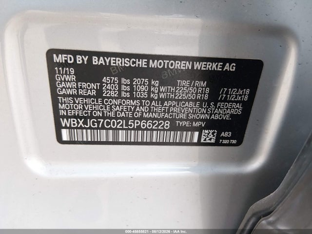 45855821 :رقم المزاد ، WBXJG7C02L5P66228 vin ، 2020 Bmw X1 Sdrive28i مزاد بيع