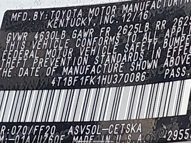Продажа на аукционе авто 2017 Toyota Camry Se, vin: 4T1BF1FK1HU370086, номер лота: 45855823