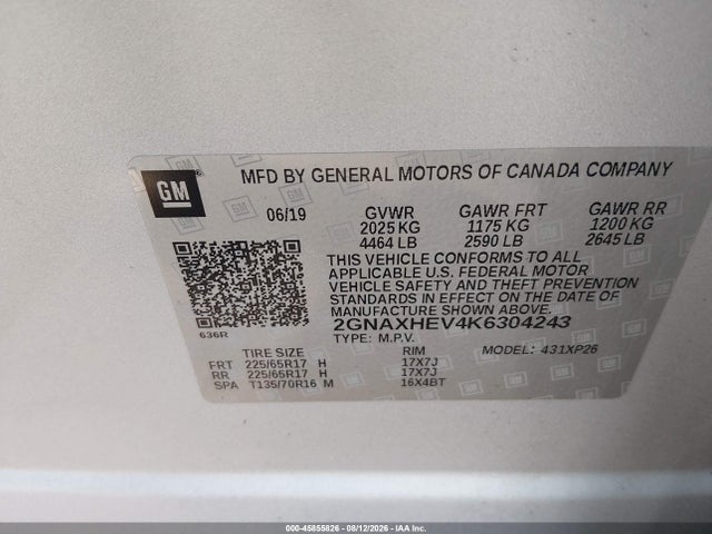 45855826 :رقم المزاد ، 2GNAXHEV4K6304243 vin ، 2019 Chevrolet Equinox Ls مزاد بيع