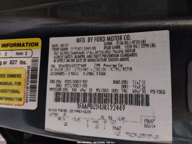 45855834 :رقم المزاد ، 3FA6P0UU4JR122449 vin ، 2018 Ford Fusion Hybrid S مزاد بيع