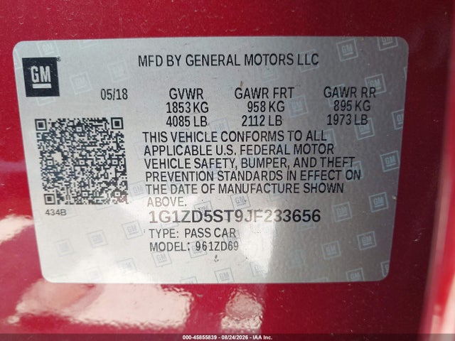 45855839 :رقم المزاد ، 1G1ZD5ST9JF233656 vin ، 2018 Chevrolet Malibu Lt مزاد بيع