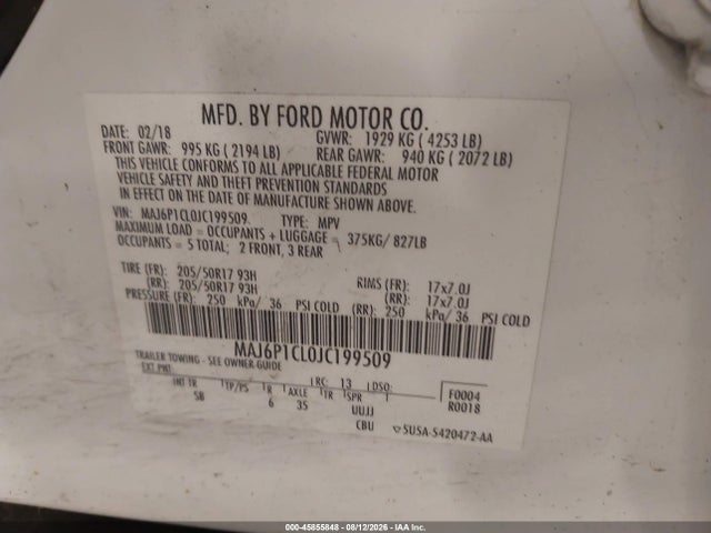 2018 Ford Ecosport Ses მანქანა იყიდება აუქციონზე, vin: MAJ6P1CL0JC199509, აუქციონის ნომერი: 45855848