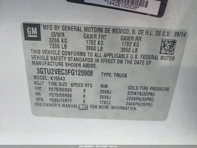 Aukcja sprzedaży 2015 Gmc Sierra 1500 Slt, vin: 3GTU2VEC3FG120908, numer aukcji: 45855857