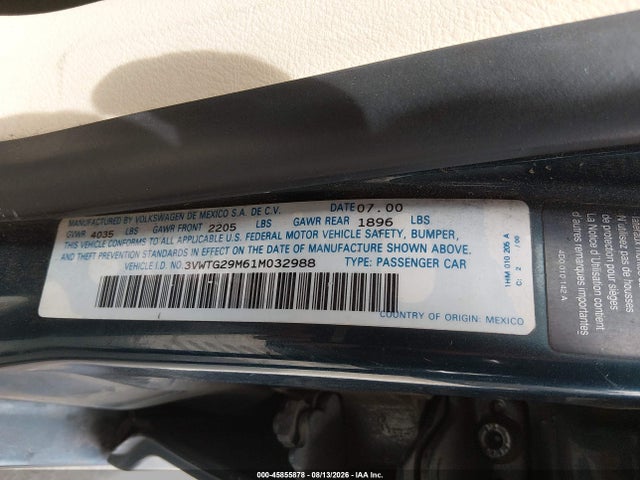 Продаж на аукціоні авто 2001 Volkswagen Jetta Glx, vin: 3VWTG29M61M032988, номер лоту: 45855878
