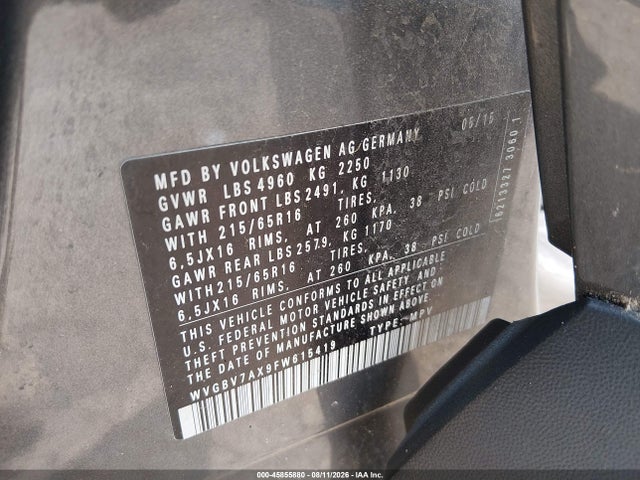 2015 Volkswagen Tiguan S მანქანა იყიდება აუქციონზე, vin: WVGBV7AX9FW615419, აუქციონის ნომერი: 45855880