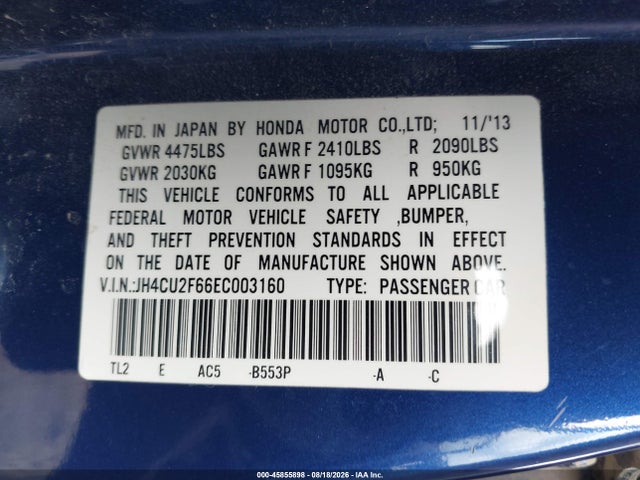 45855898 :رقم المزاد ، JH4CU2F66EC003160 vin ، 2014 Acura Tsx 2.4 مزاد بيع