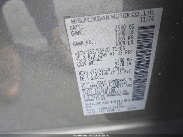 Продаж на аукціоні авто 2025 Nissan Murano Sv, vin: 5N1AZ3BSXSC100193, номер лоту: 45855899