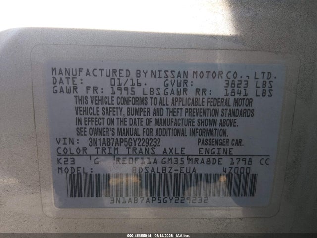 45855914 :رقم المزاد ، 3N1AB7AP5GY229232 vin ، 2016 Nissan Sentra S مزاد بيع