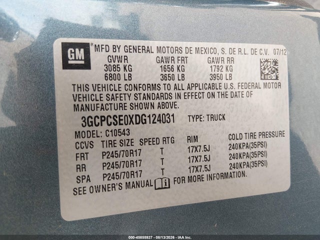 2013 Chevrolet Silverado 1500 Lt მანქანა იყიდება აუქციონზე, vin: 3GCPCSE0XDG124031, აუქციონის ნომერი: 45855927